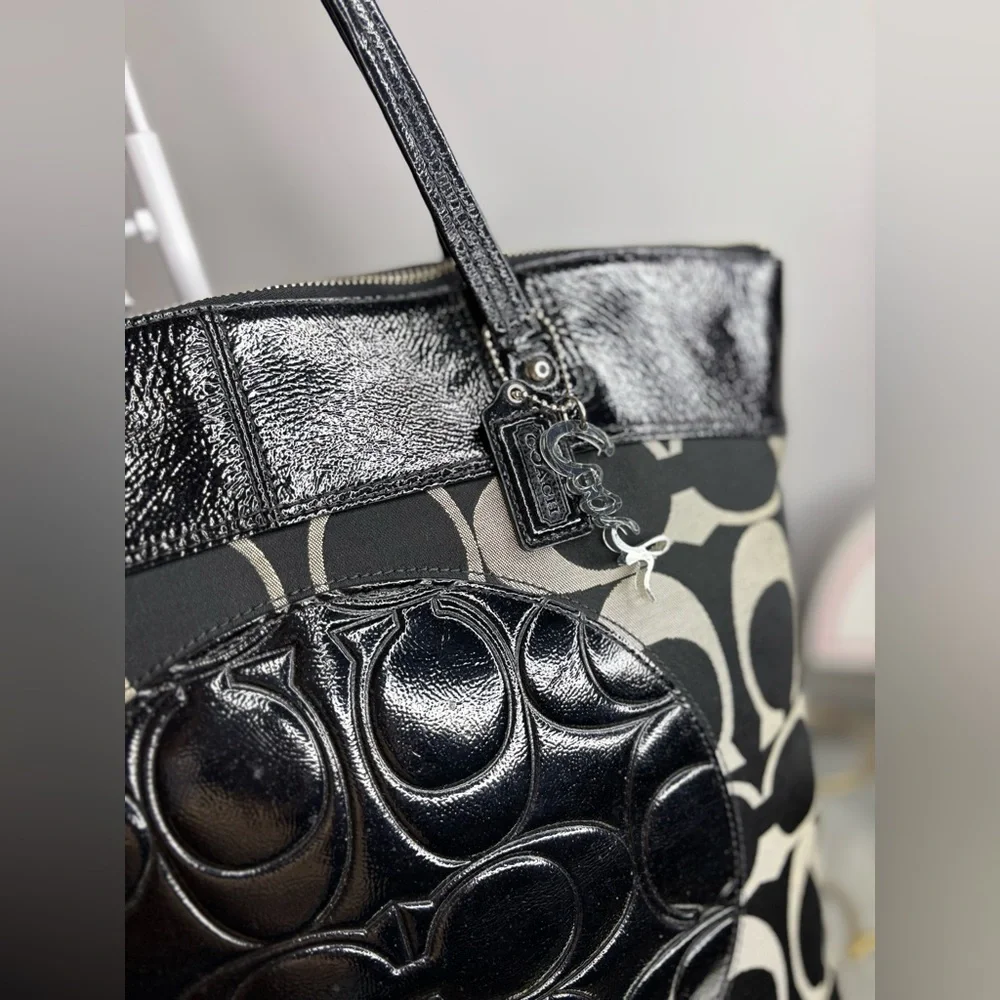 Coach Black and Khaki Signature Canvas Tote with Patent Trim